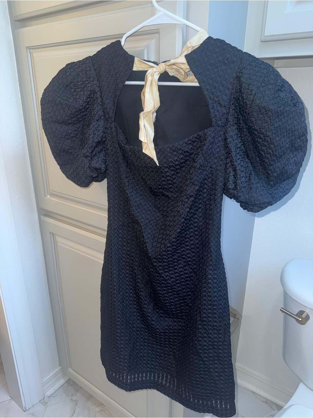 Antonio Melani Black Puff-Sleeve Mini Dress with Cream Tie